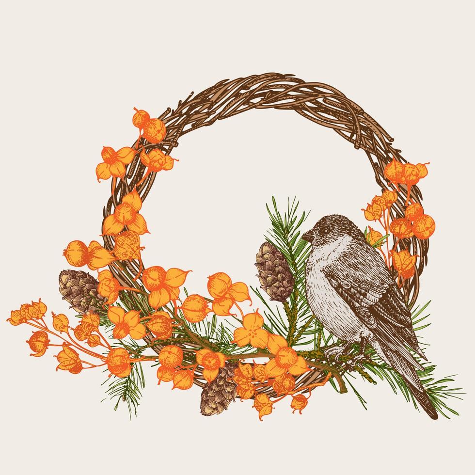 Hand-drawn sketch autumn floristic wreath with bird, pine cones berries, branches, leaves in engraving style. Vintage door decor Wedding graphic frame Hello, fall. Thanksgiving retro vector