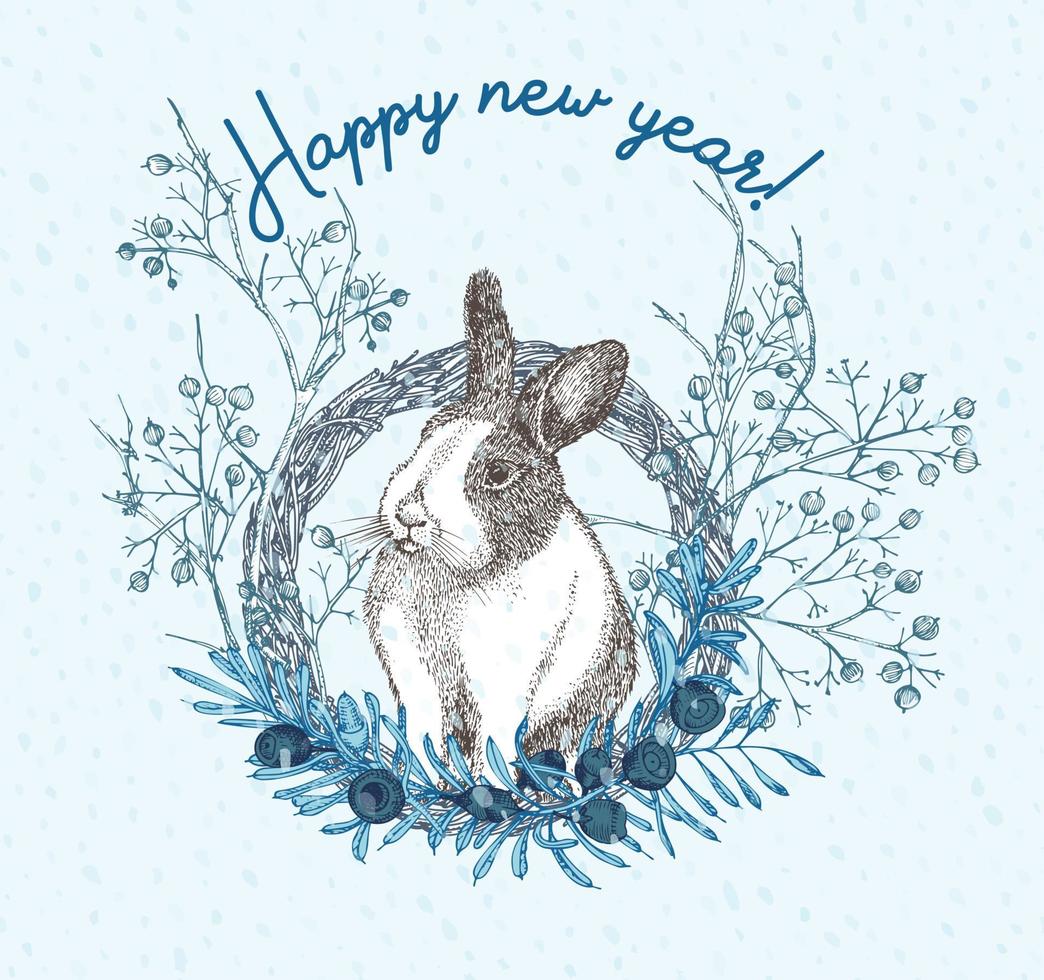 White rabbit with black spots around the eyes. Chinese New Year Symbol Hare. Seating bunny in christmas wreath. New year greeting card in bluecolor. Hand drawn Enaving sketch. Vector