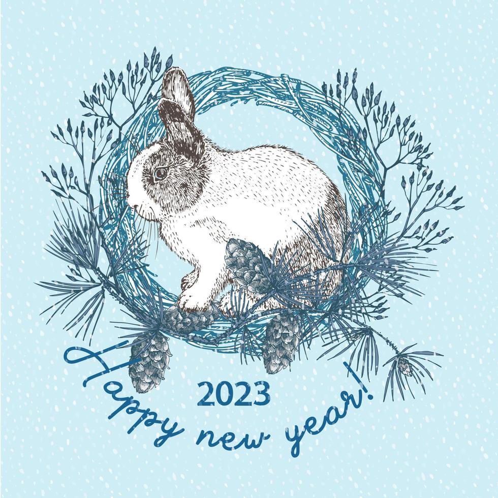 White rabbit with black spots around the eyes. Chinese New Year Symbol Hare. Seating bunny in christmas wreath. New year greeting card in bluecolor. Hand drawn Enaving sketch. Vector