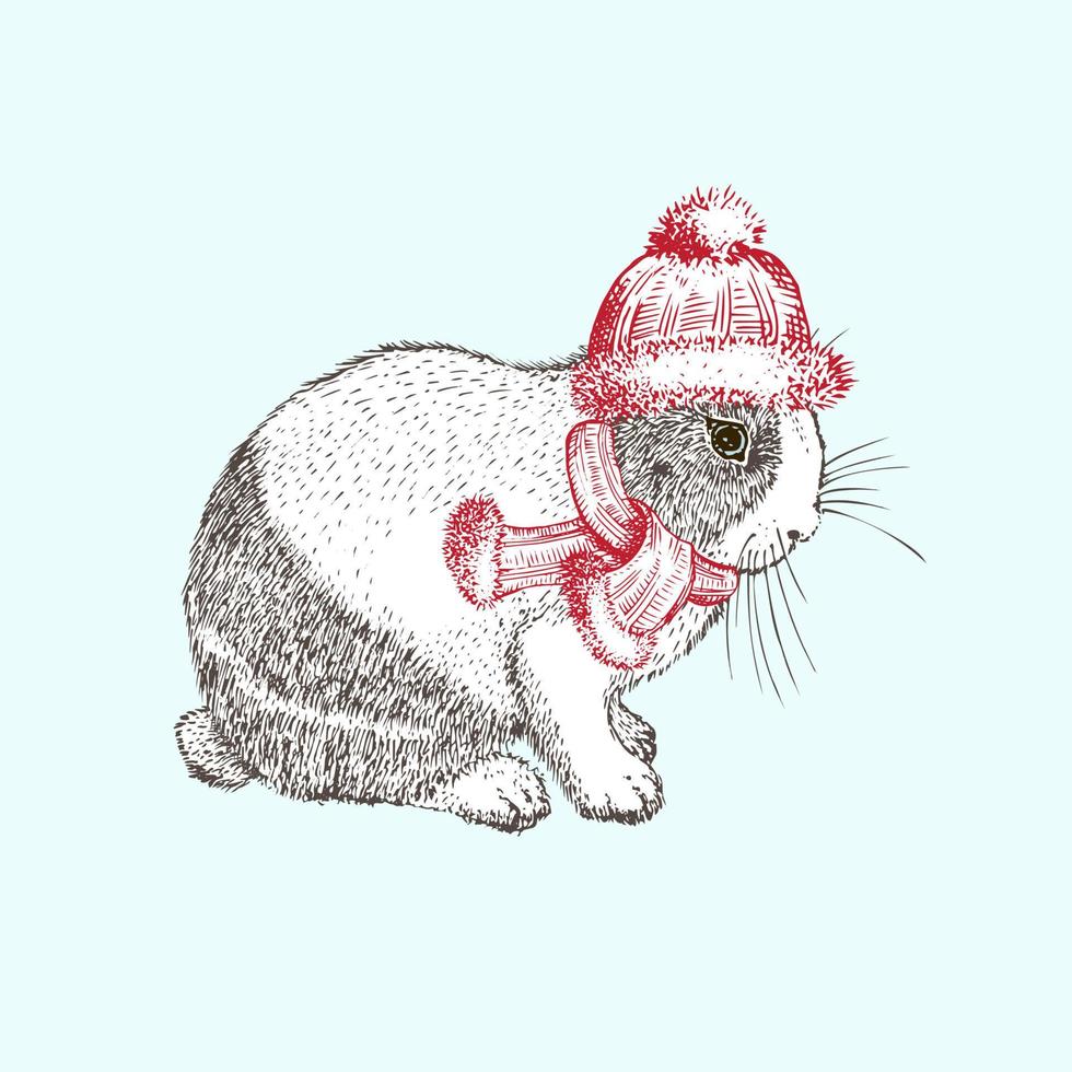 Hand drawn rabbit in red winter hat, scarf. Bunny symbol Chinese New Year 2023. Christmas decort. Tattoo art. Black and white sketch engraving style design. Vector