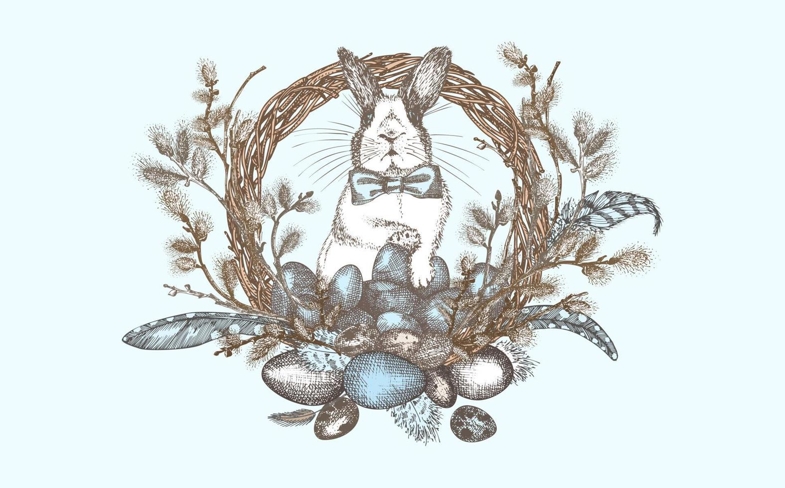 Bunny, pussy willow branches and Easter eggs wreath. Birds Feathers. Engraved vintage style. Greeting card. Line art happy rabbit Decoration design. Holiday folkstyle banner. Vector. vector