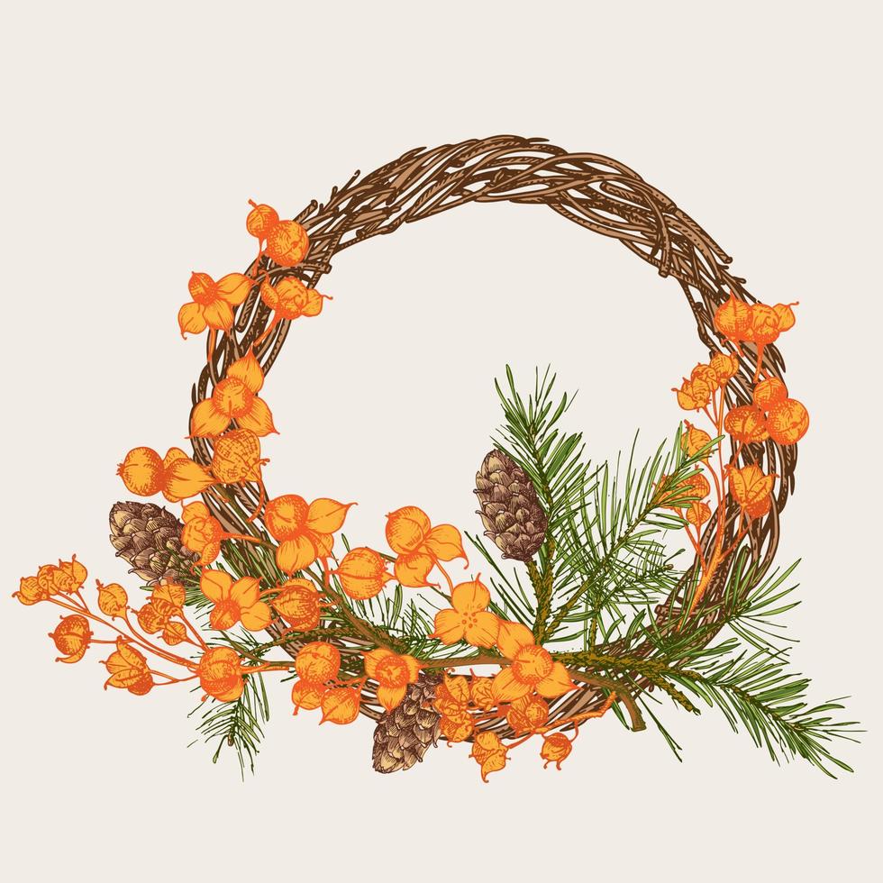 Hand-drawn sketch autumn wreath with pine cones, berries, branches, leaves in engraving style. Vintage floristic door wreath. Thanksgiving retro decor Wedding graphic frame Hello, fall. Vector. vector