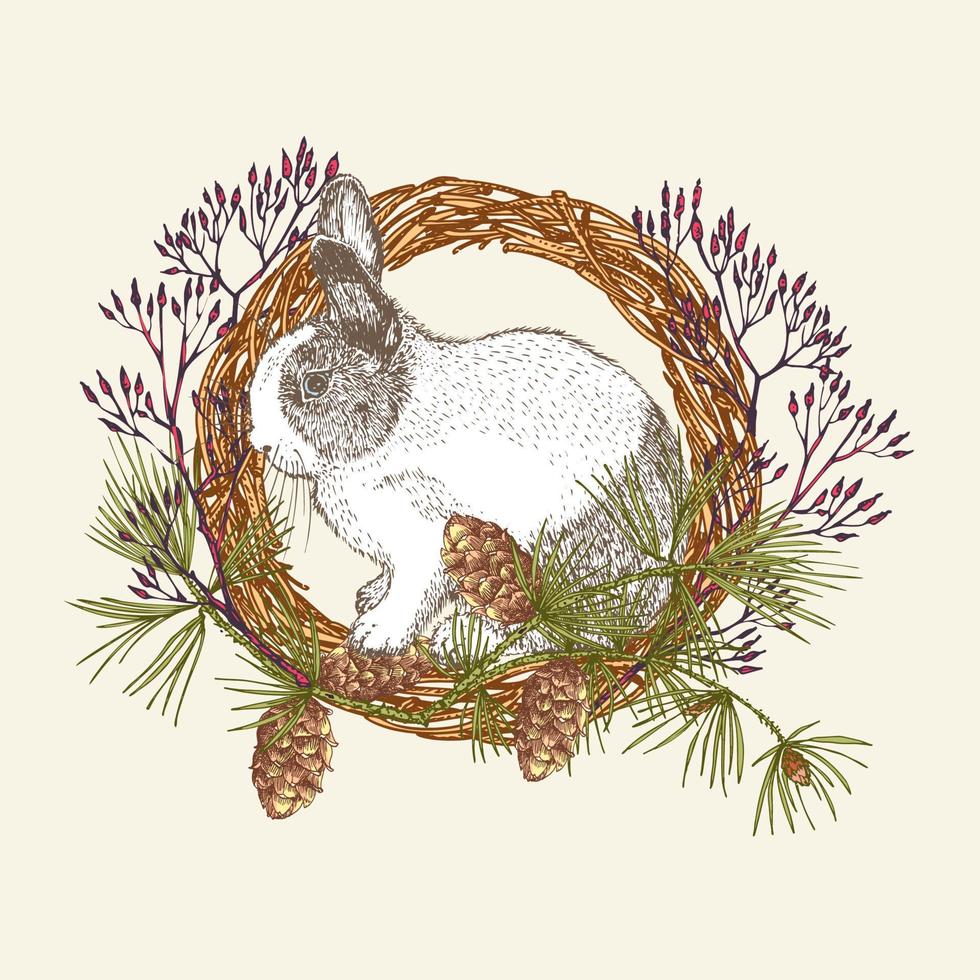 White rabbit with black spots around the eyes. Chinese New Year Symbol Hare. Seating bunny in christmas wreath. New year greeting card in warm color. Hand drawn Enaving sketch. Vector