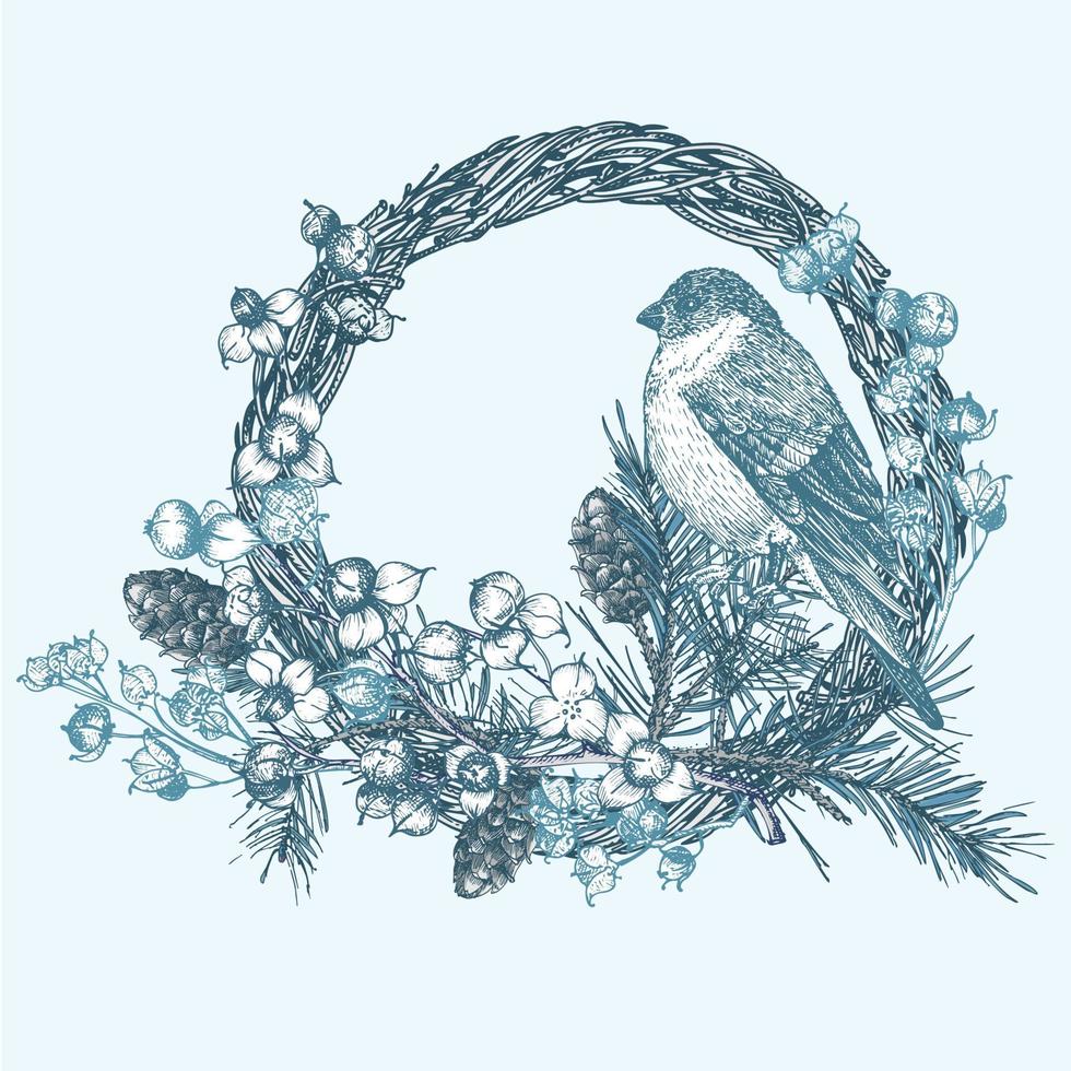 Hand-drawn sketch winter floristic wreath with bird, pine cones berries, branches, leaves in engraving style. Vintage door decor Wedding graphic frame Hello, fall. Thanksgiving retro vector