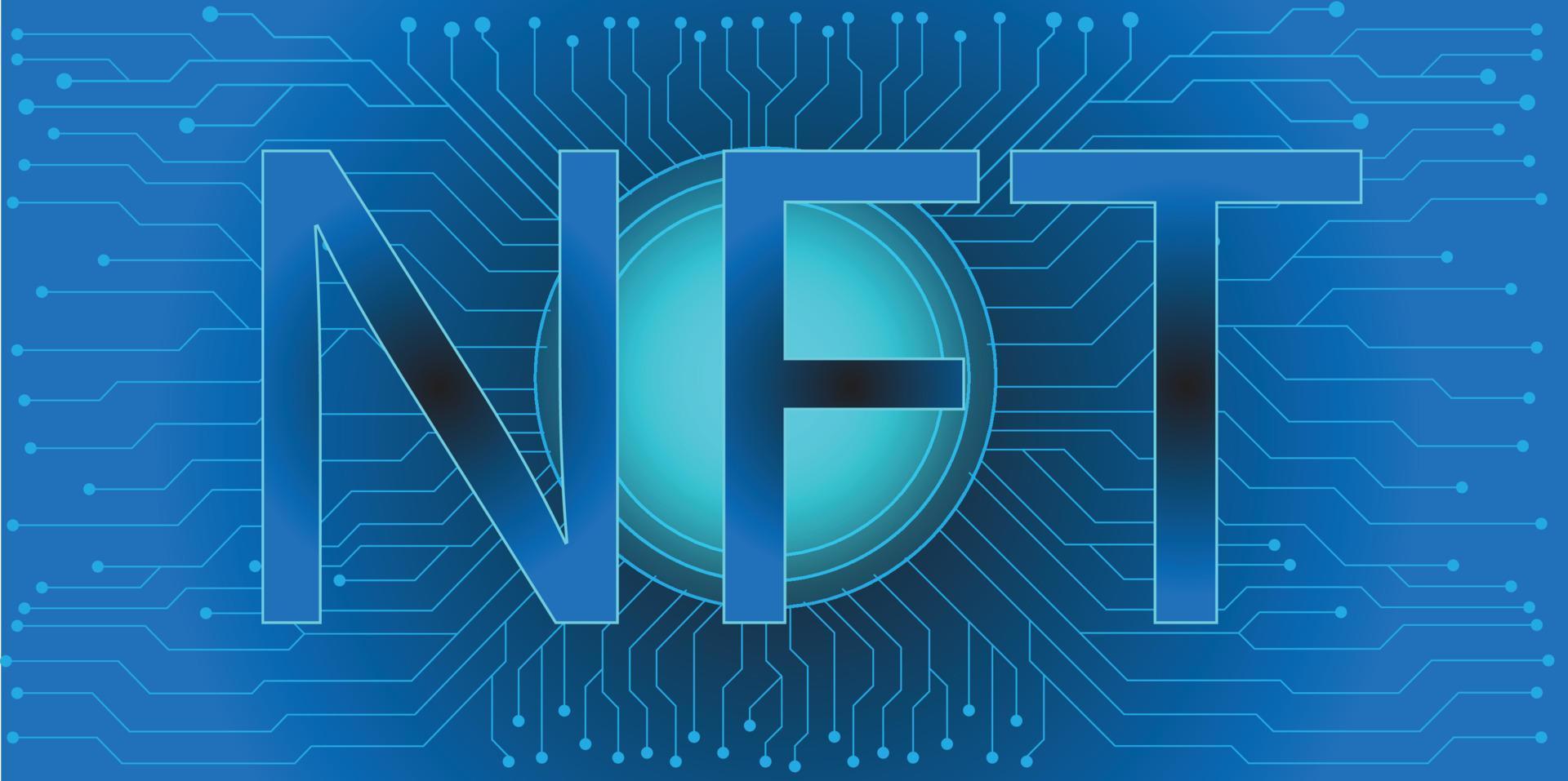 diseño de concepto de vector de token no fungible nft con placa de circuito para el futuro mundo empresarial de la economía