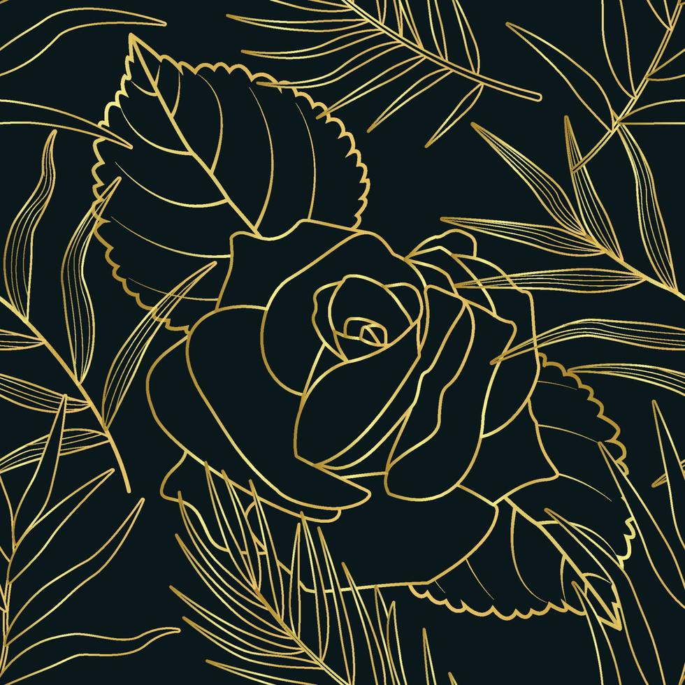 Seamless outline flower pattern with leaves on a dark background Premium Vector