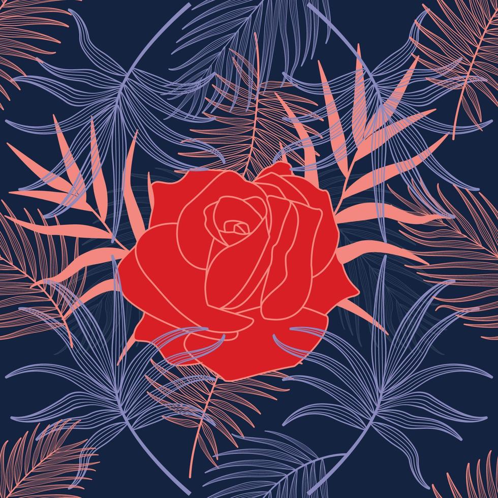 Rose flower and palm leaves line hand drawn seamless pattern premium vector Premium Vector