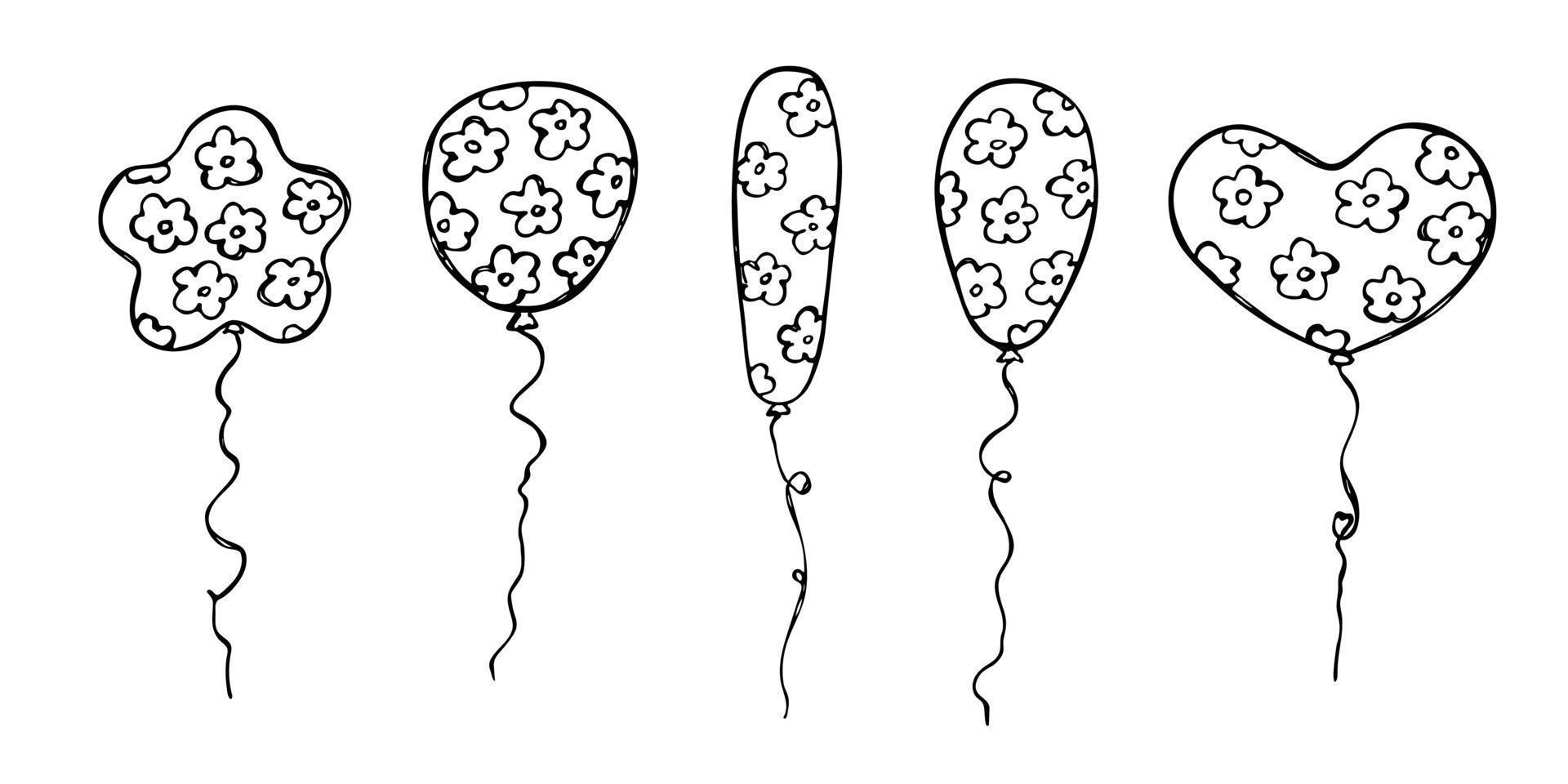 conjunto dibujado a mano de ilustración de globo volador. garabato de globo de fiesta de cumpleaños. imágenes prediseñadas de vacaciones. vector