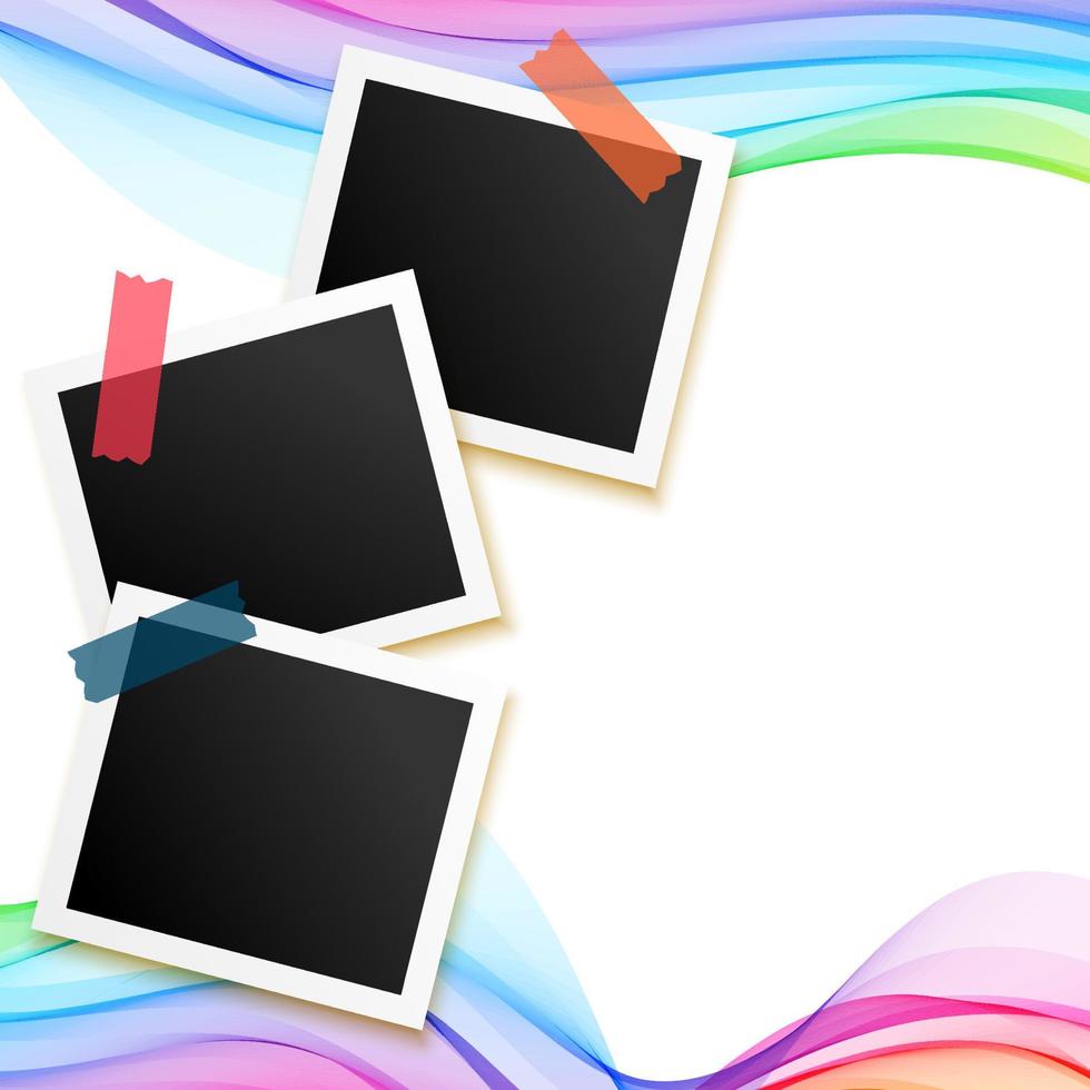 three photo frames on rainbow background design vector