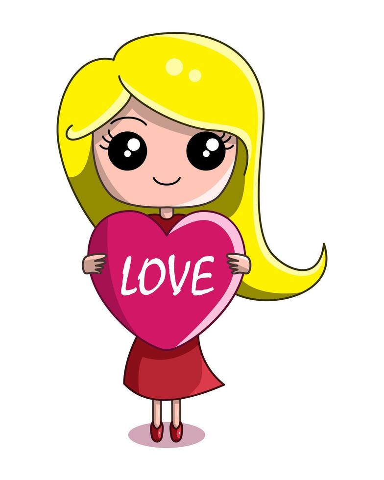 linda sonrisa niña sosteniendo amor corazón dibujos animados vector