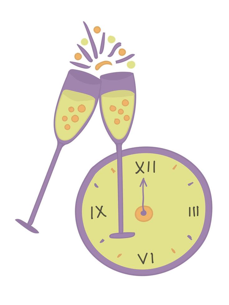 New year celebration, illustration of glasses with drink and watch. You can print it and use it how you want vector