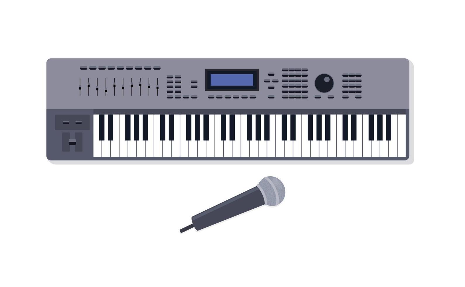 Digital piano synthesizer and microphone. Vector flat illustration.