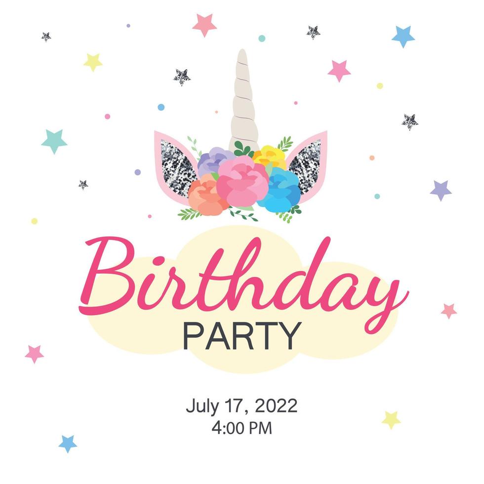 invitación de cumpleaños de unicornio brillante sobre fondo blanco vector