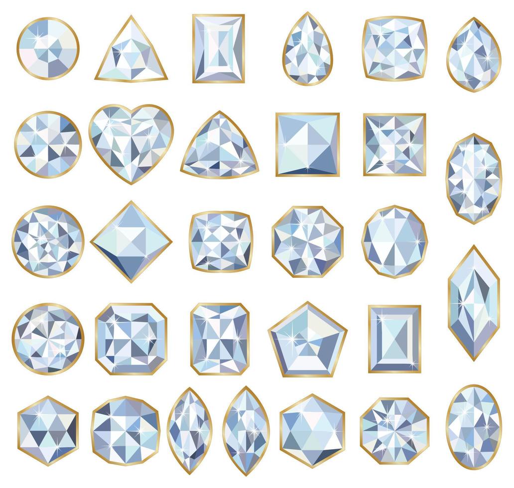 White gemstones. Big set of bright crystals. Diamonds with sparks. vector