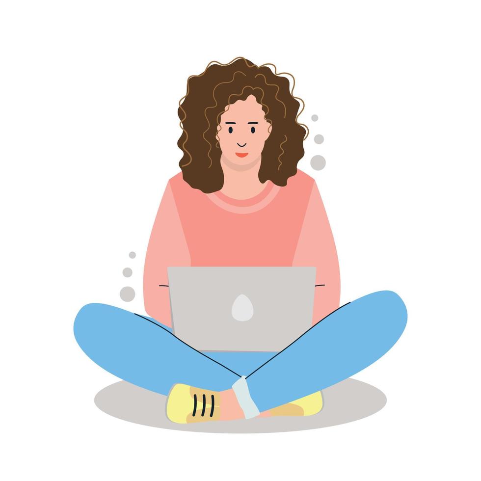 A girl with laptop working or studing at home. Using laptop. Cartoon style. Vector illustration.