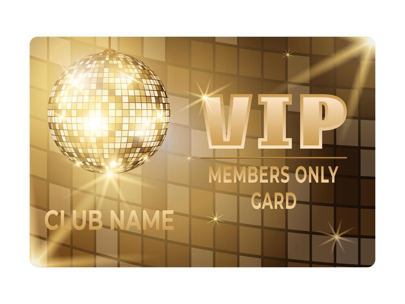 plantilla de tarjeta vip club con bola de discoteca dorada. vector