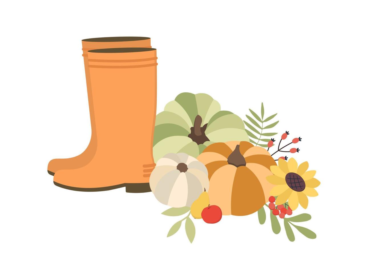 Autumn concept for Harvest festival. Rubber boots with pumkins. Background for posters, web, banners, flyers, postcards vector