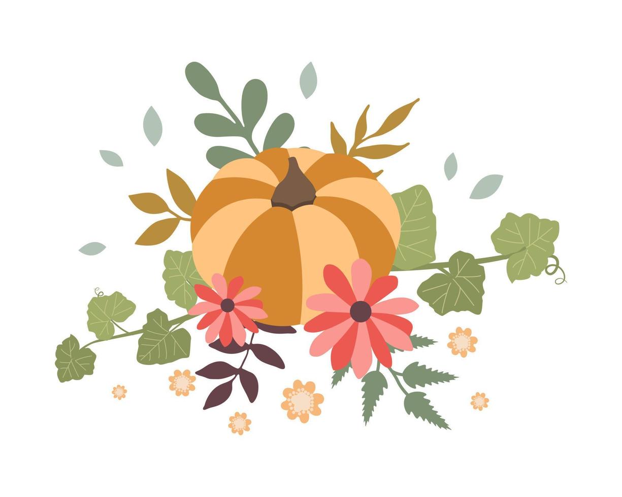 Autumn concept for Harvest festival or Thanksgiving Day. Pumkins with sunflowers and leaves. Background for posters, web, banners, flyers, postcards vector