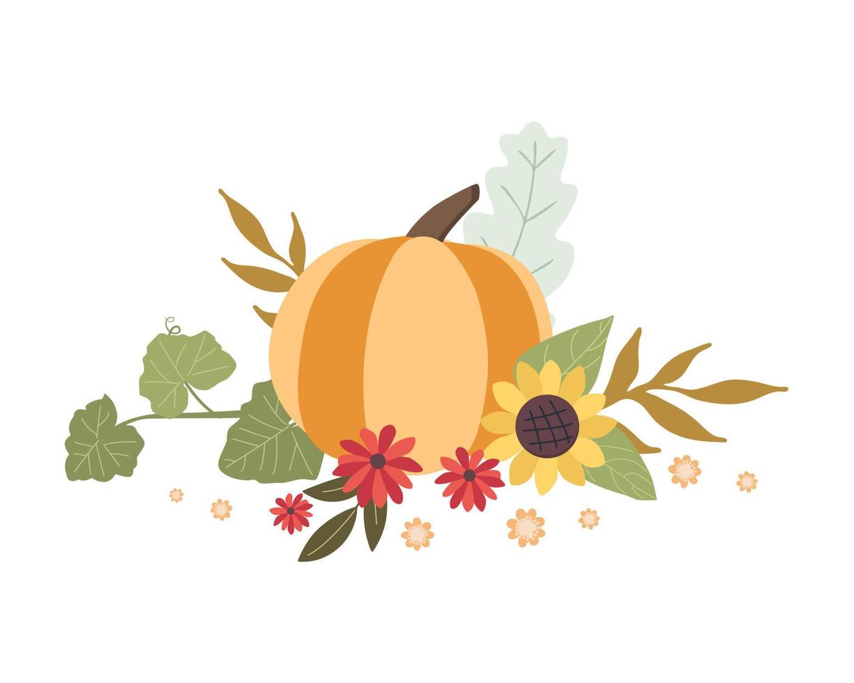 Autumn concept for Harvest festival or Thanksgiving Day. Pumkins with sunflowers and leaves. Background for posters, web, banners, flyers, postcards vector