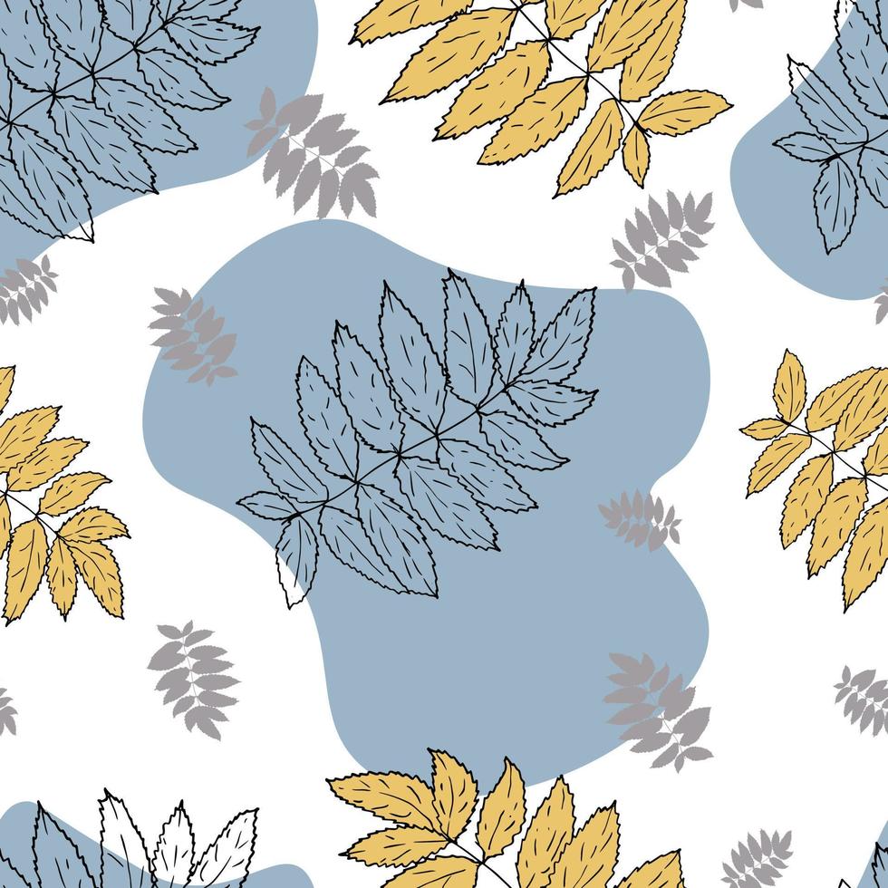 Autumn rowan leaves foliage seamless pattern on light blue background  for wallpapers, textiles, papers, fabrics, web pages. Leaf ornament, vintage style. vector