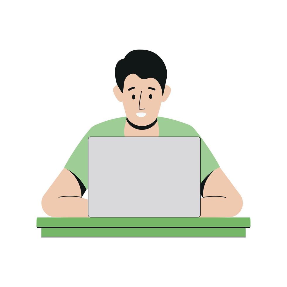 un hombre con laptop trabajando o estudiando en casa. usando una computadora portátil estilo de dibujos animados ilustración vectorial vector