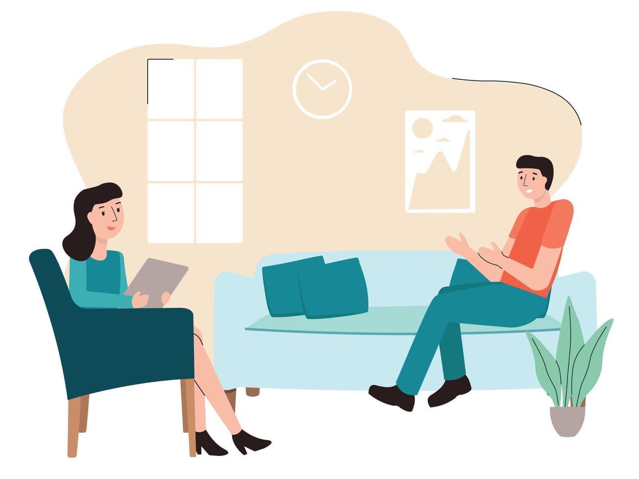 Psychotherapy session. Patient having individual psychological therapy and counseling with therapist. Mental health, healthcare and psychology. Psychiatrist consultation. Flat style. vector