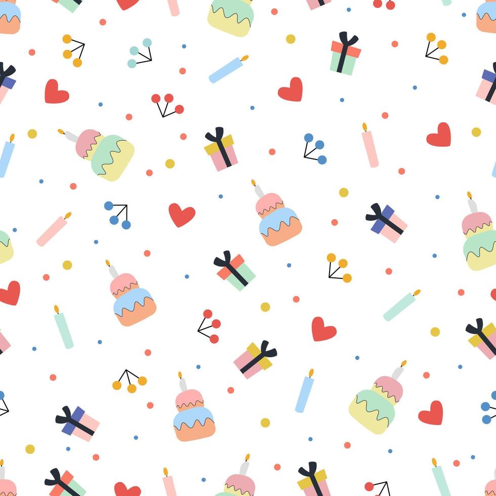 Seamless pattern with cakes, gifts, candles, hearts. Background for wallpapers, textiles, papers, fabrics, web pages. vector
