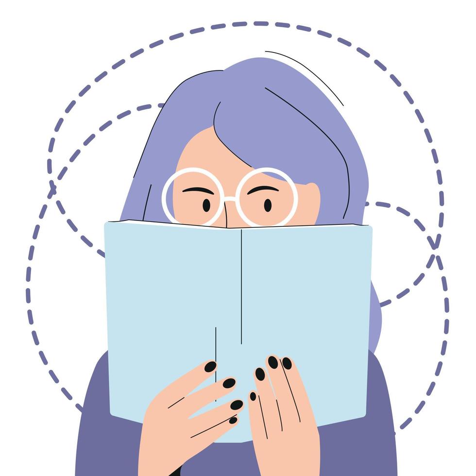 Purple-haired young girl with book. Cartoon style. vector