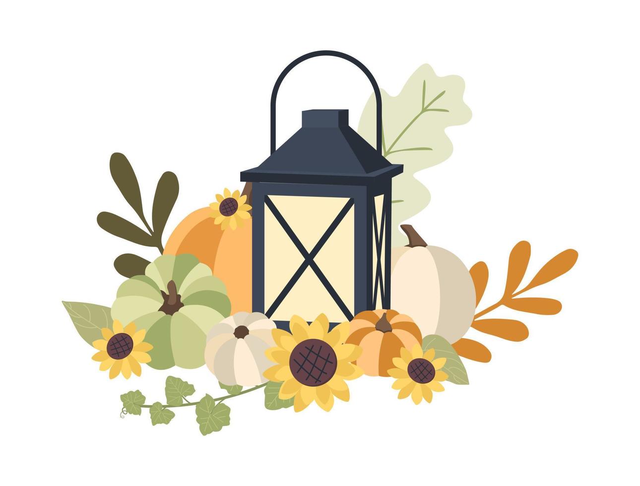 Autumn concept for Harvest festival or Thanksgiving Day. Lantern, pumkins, sunflowers and leaves. Background for posters, web, banners, flyers, postcards vector