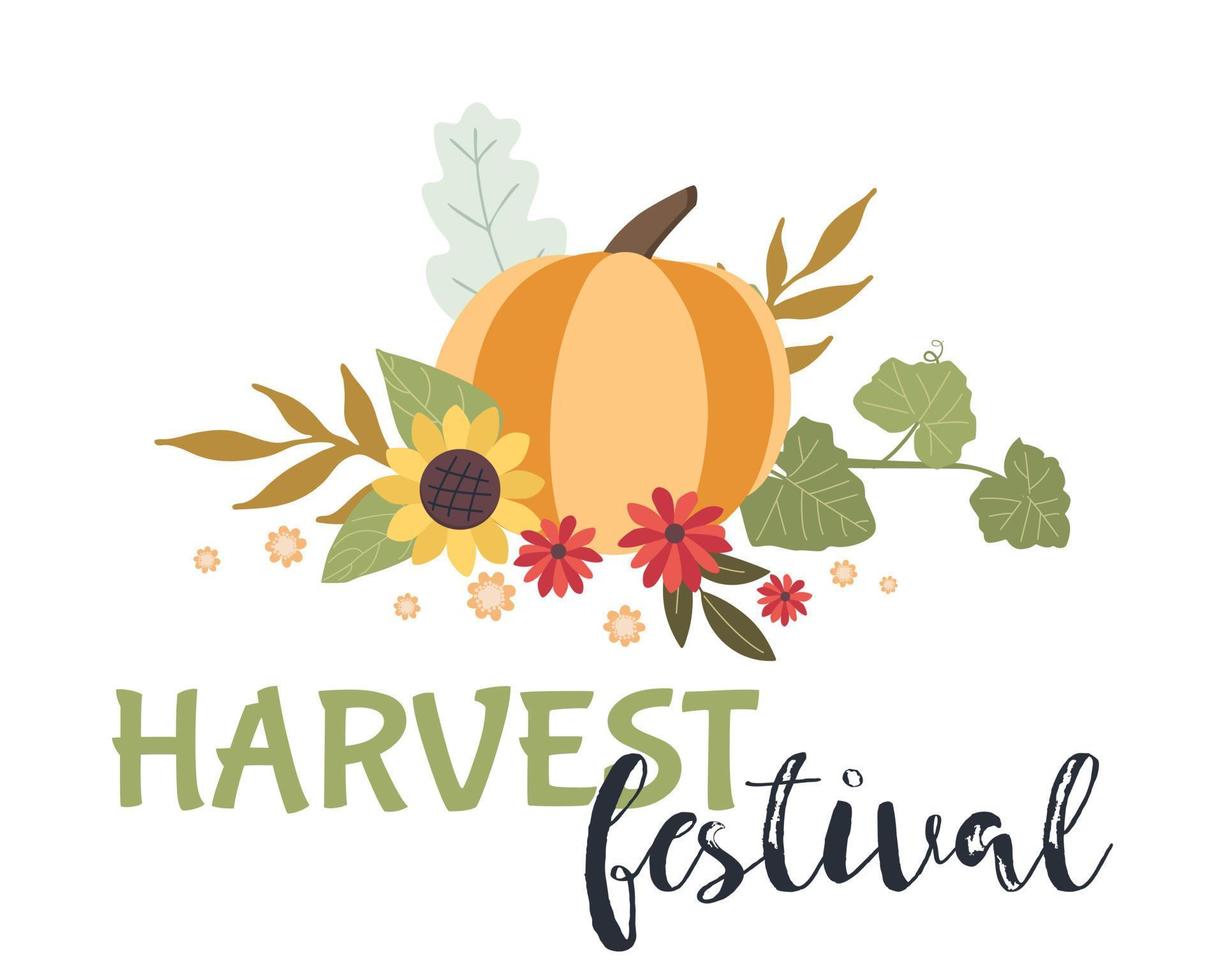 Autumn concept for Harvest festival or Thanksgiving Day. Pumkins with sunflowers and leaves. Background for posters, web, banners, flyers, postcards vector