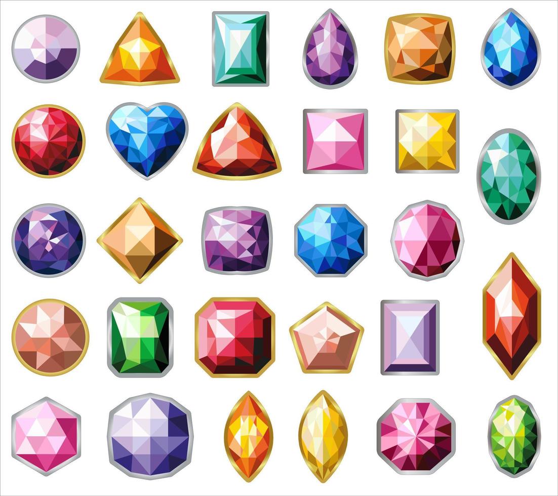 Different colorful gemstones. Big set of crystals. vector