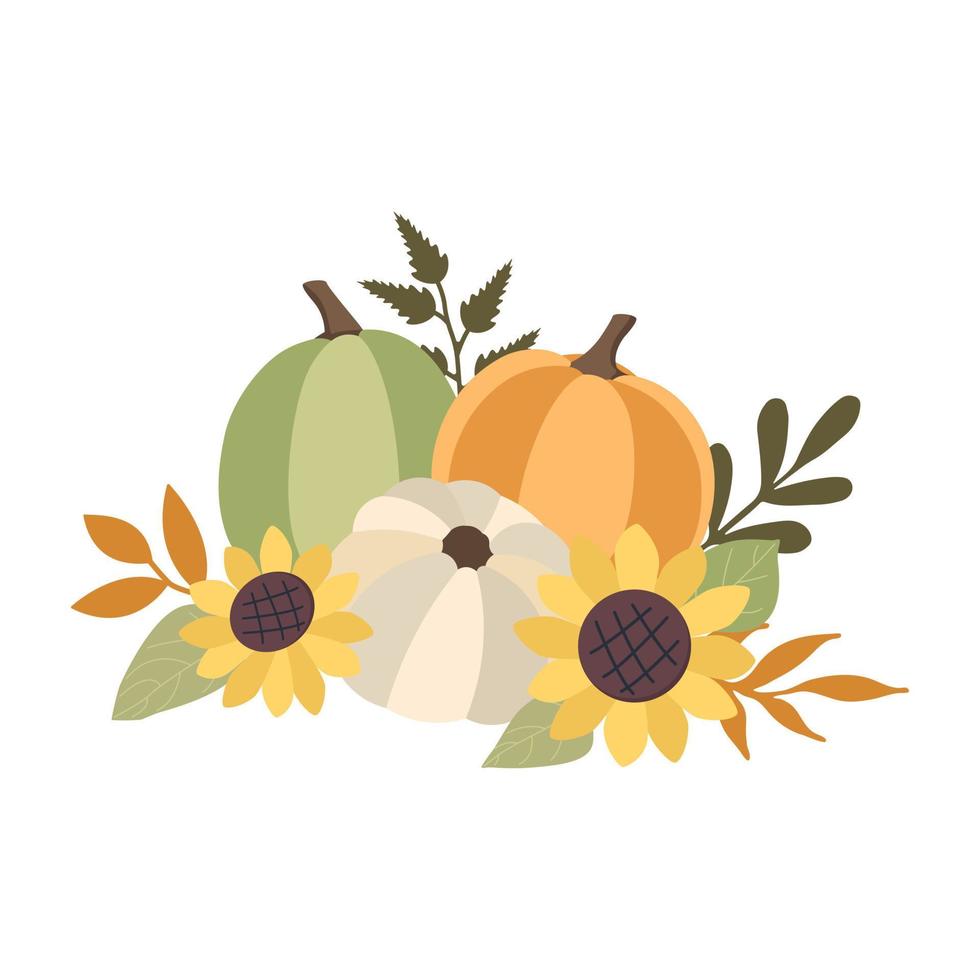 Autumn concept for Harvest festival or Thanksgiving Day. Pumkins with sunflowers and leaves. Background for posterw, web, banners, flyers, postcards vector