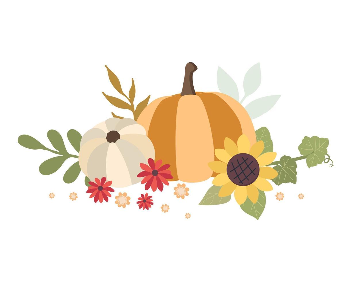 Autumn concept for Harvest festival or Thanksgiving Day. Pumkins with sunflowers and leaves. Background for posters, web, banners, flyers, postcards vector