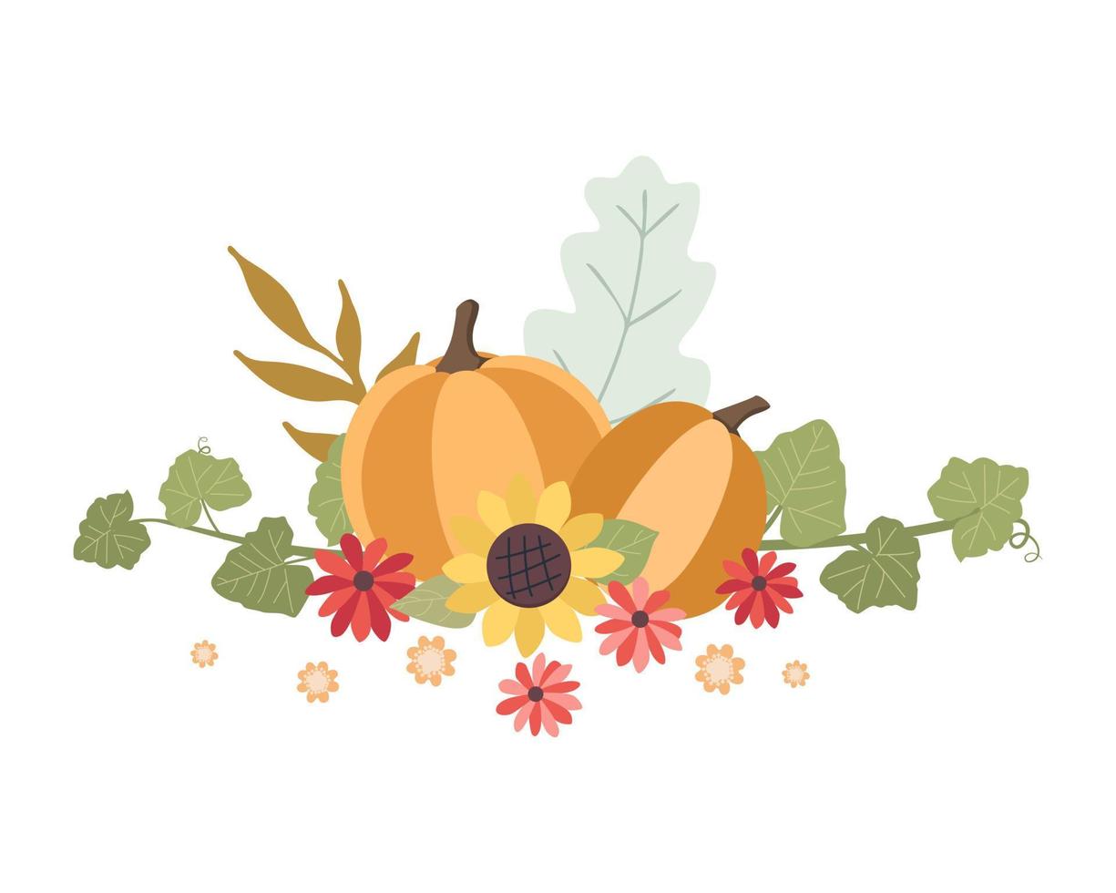 Autumn concept for Harvest festival or Thanksgiving Day. Pumkins with sunflowers and leaves. Background for posters, web, banners, flyers, postcards vector