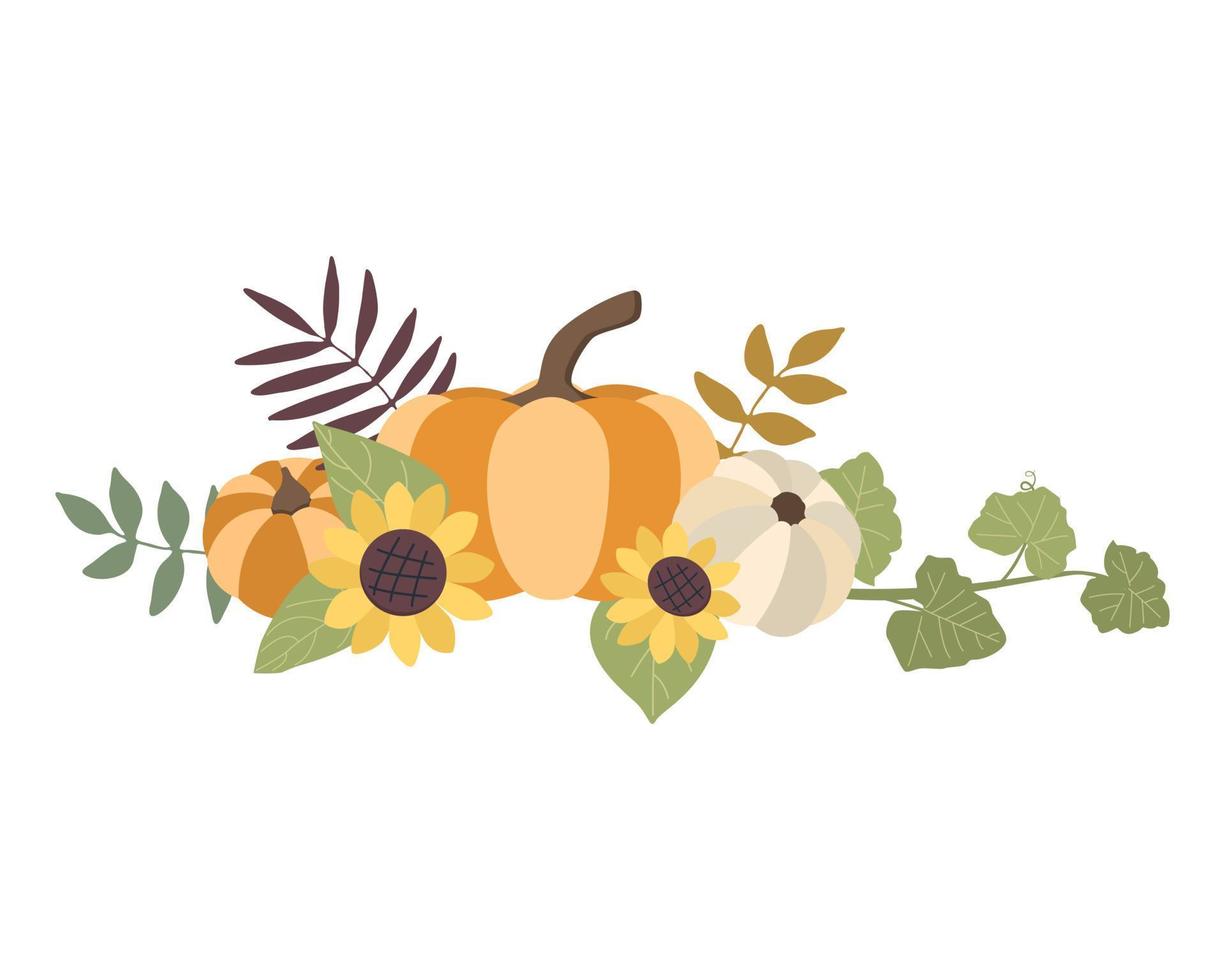 Autumn concept for Harvest festival or Thanksgiving Day. Pumkins with sunflowers and leaves. Background for posterw, web, banners, flyers, postcards vector