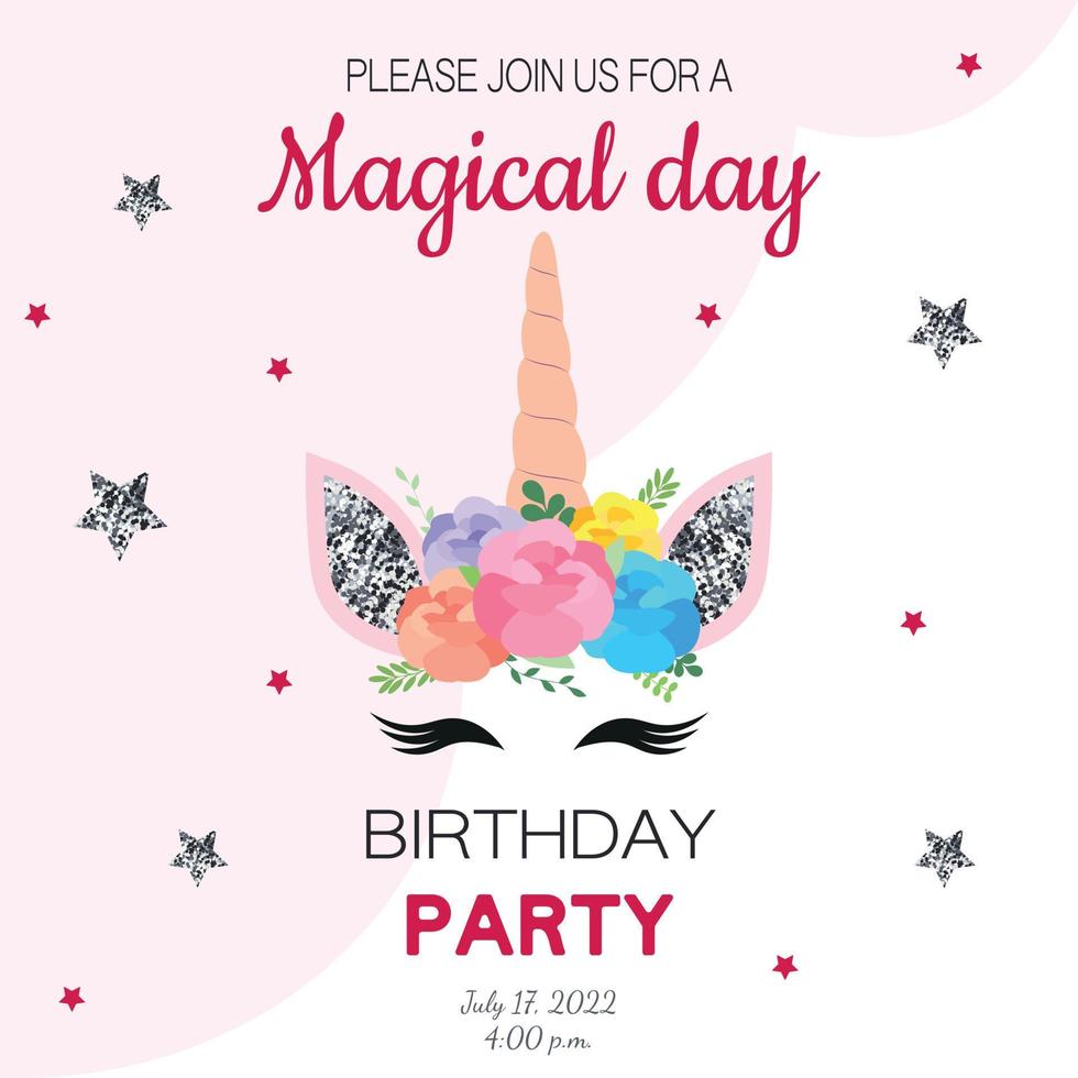 invitación de cumpleaños de unicornio brillante para fiesta infantil. vector