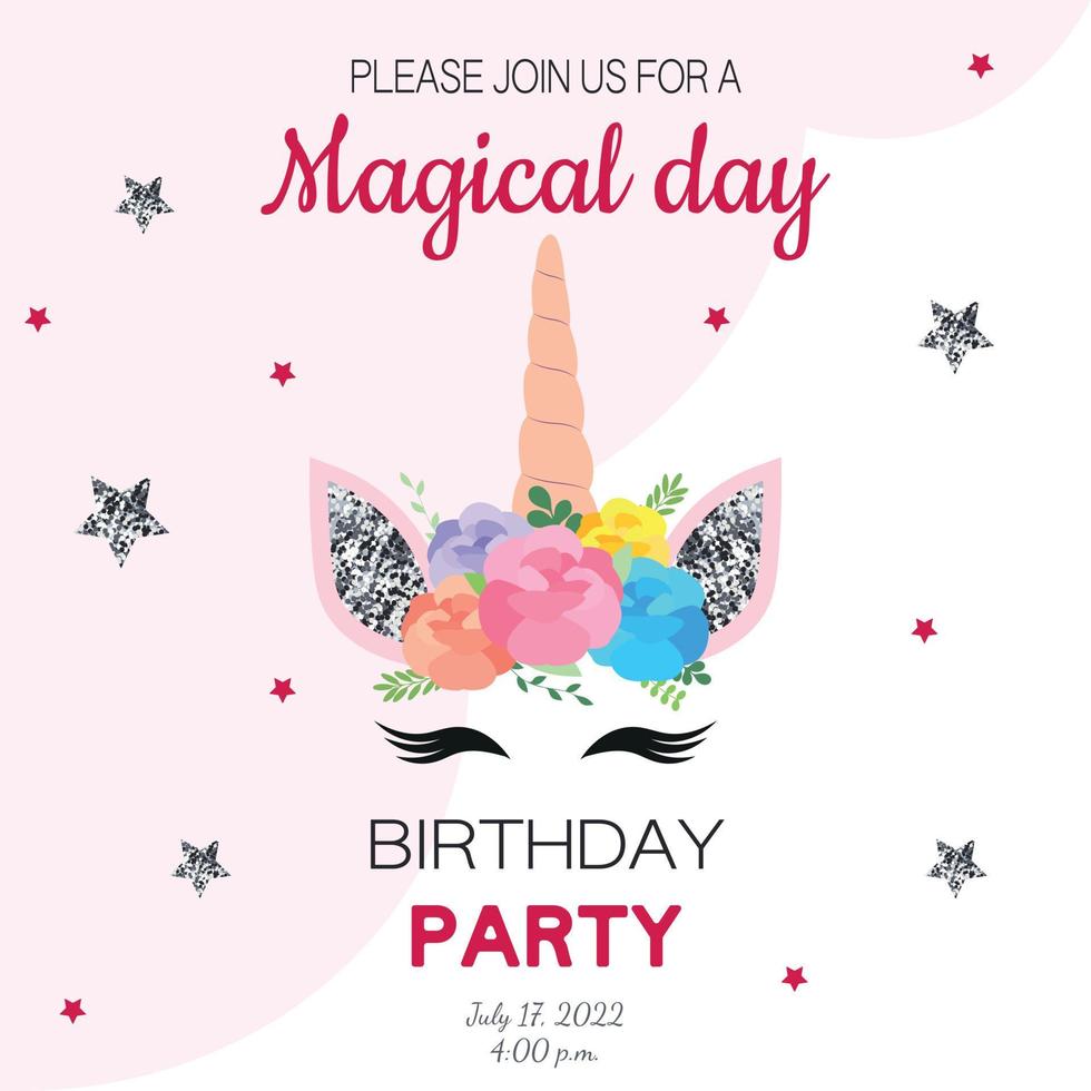 Glitter unicorn birthday invitation for children party. vector