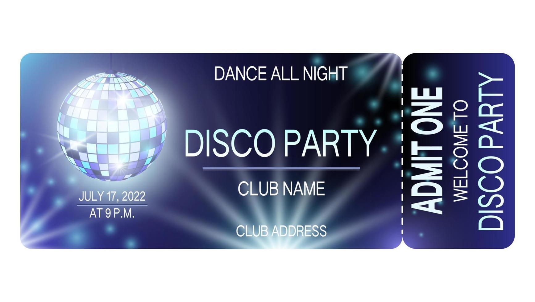 Disco party entrance ticket template. Design for a concert, party, festival. vector