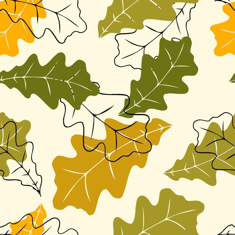 Seamless pattern with autumn oak leaves on yellow background for wallpapers, textiles, papers, fabrics, web pages. Leaf ornament, vintage style. vector