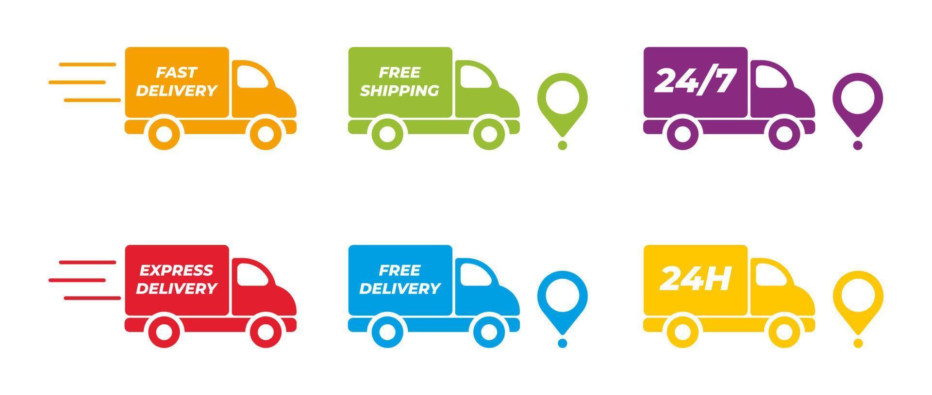 Delivery icons set. Fast delivery, free delivery, 24 hours, truck. Vector illustration