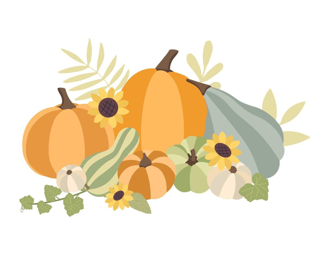 Autumn concept for Harvest festival or Thanksgiving Day. Pumkins with sunflowers and leaves. Background for posterw, web, banners, flyers, postcards vector