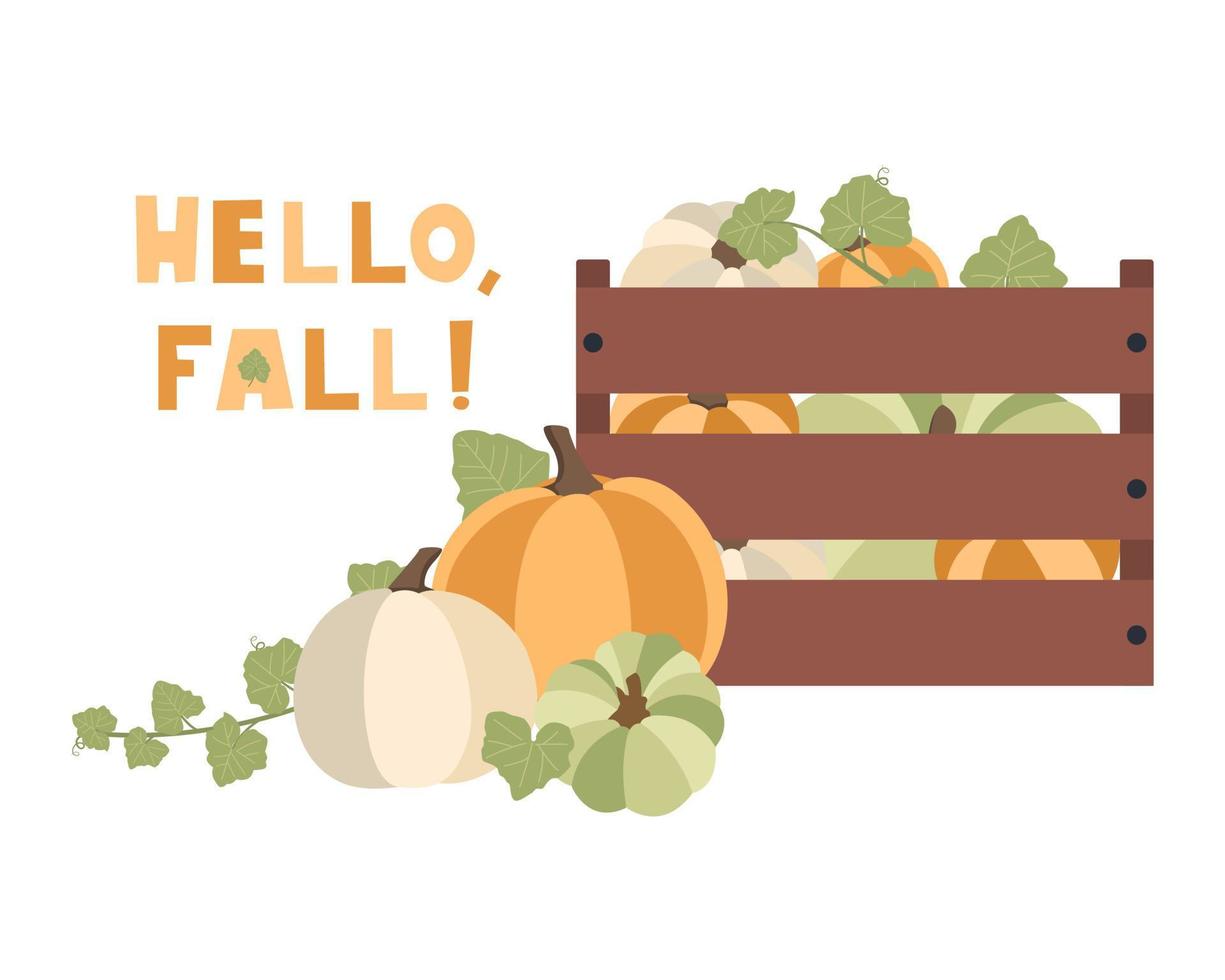 Autumn concept for Harvest festival or Thanksgiving Day. Pumkins with sunflowers and leaves. Background for posters, web, banners, flyers, postcards vector