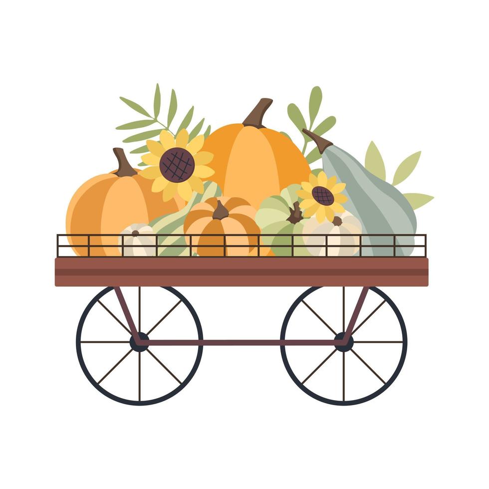 Autumn concept for Harvest festival or Thanksgiving Day. Cart with pumkins, sunflowers and leaves. Background for posters, web, banners, flyers, postcards vector
