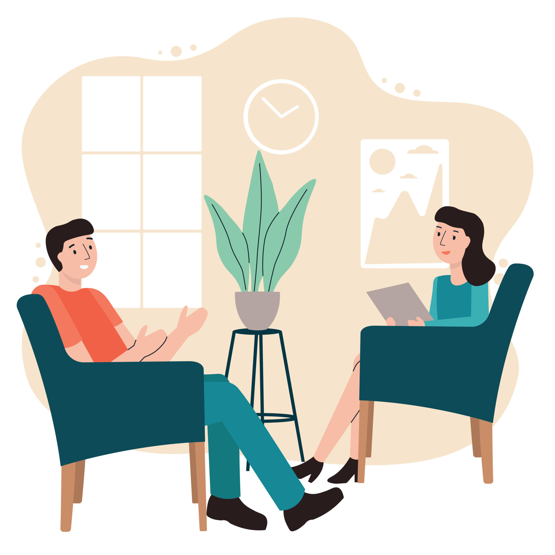 Psychotherapy session. Patient having individual psychological therapy and  counseling with therapist. Mental health, healthcare and psychology.  Psychiatrist consultation. Flat style. 9213792 Vector Art at Vecteezy