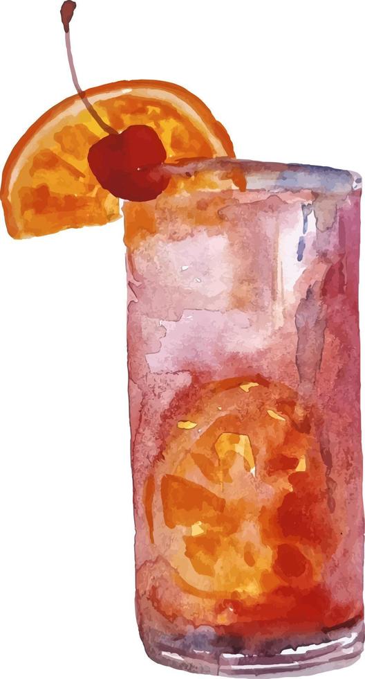 Watercolor glass of cold fresh cocktail tequila sunrise isolated on white hand drawn vector