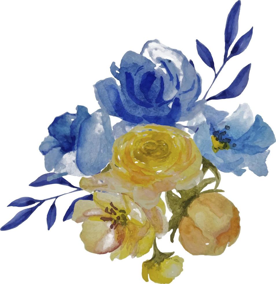 Bouquet of blue and yellow flowers. Ukraine flag. Watercolor illustration vector