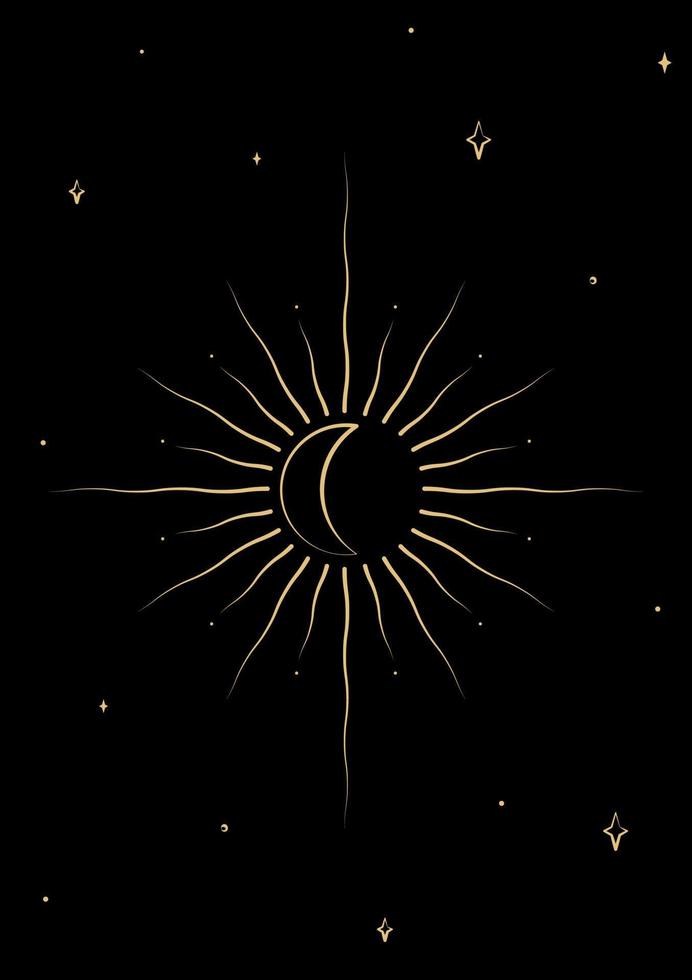 Eclipse. Sacred geometry on black background. Abstract vector illustration with sun and moon