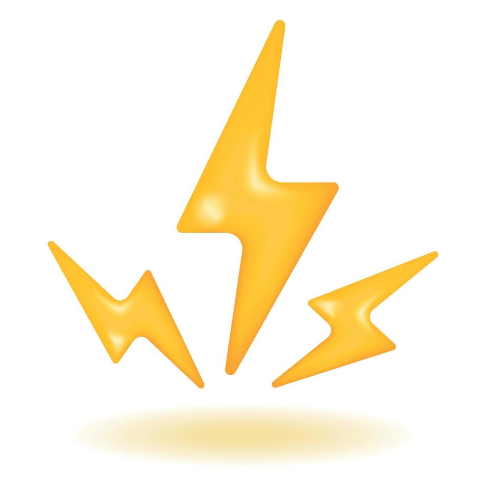 Power 3d vector icon, flash of yellow lightning. Minimal cartoon illustration on white background