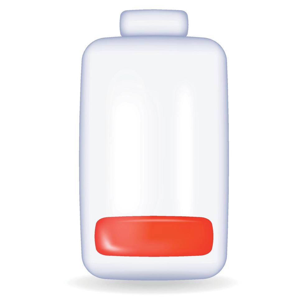 Vector low battery, red level. Glass 3d battery illustration on white background