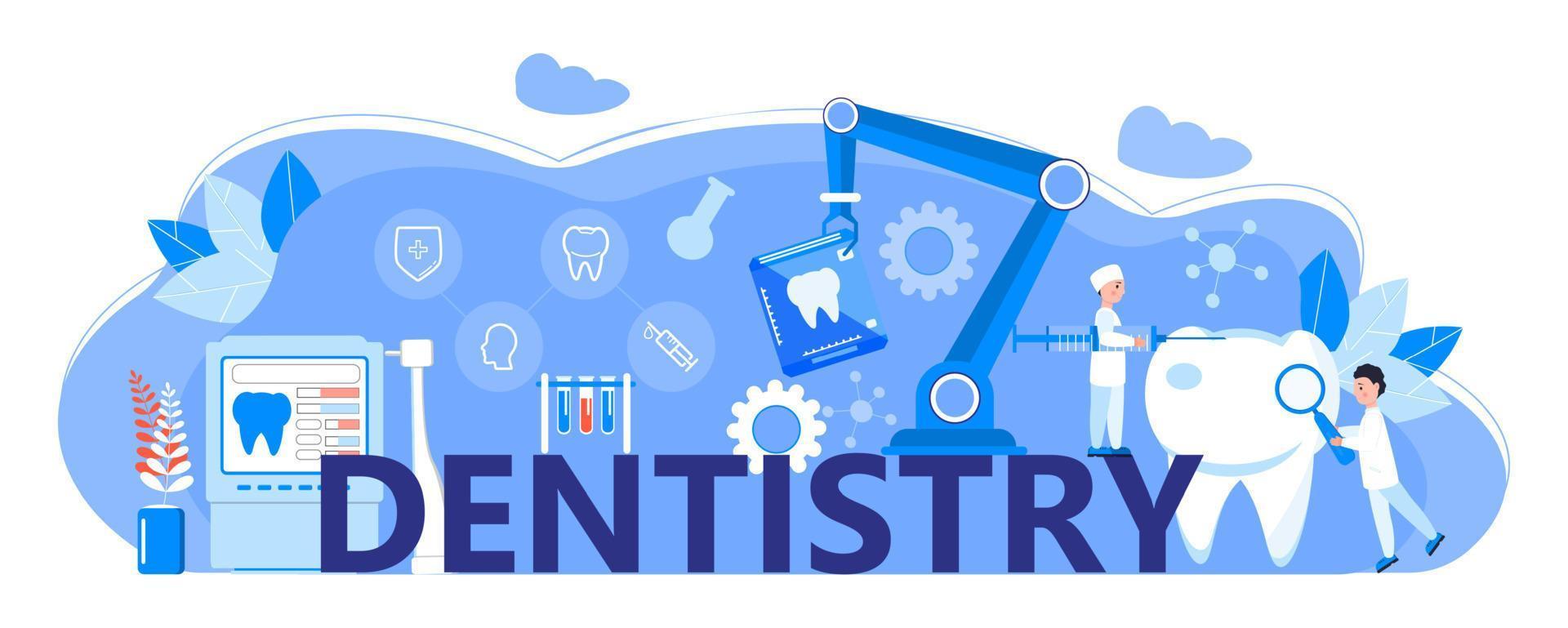 concepto de vector de servicio de dentista para la página de destino. pequeños dentistas hacen una radiografía de los dientes para aliviar el dolor de muelas, blanquear el esmalte o recuperar el implante.